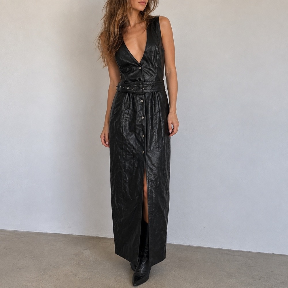 LAMARQUE Black Faux Leather Button Front Belted Maxi Dress XS Goth